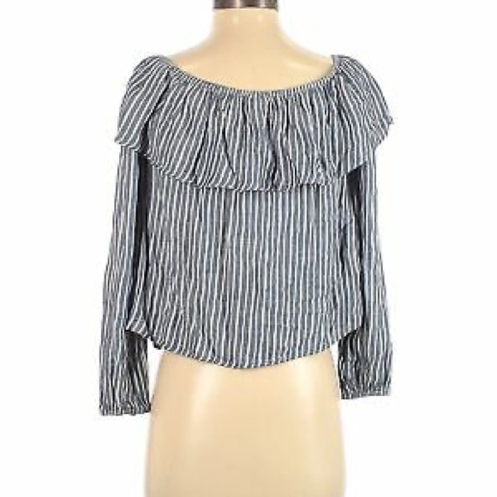 Mossimo Womens Size XS Off Shoulder Blouse Ruffle Blue White Stripes Long Sleeve